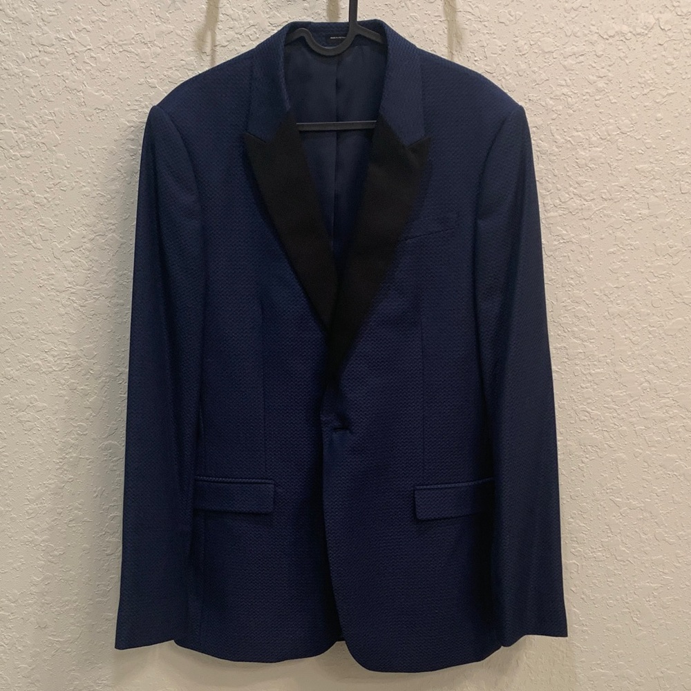 jf j.ferrar Navy Blue Textured Tuxedo Blazer with Black Satin Lapel